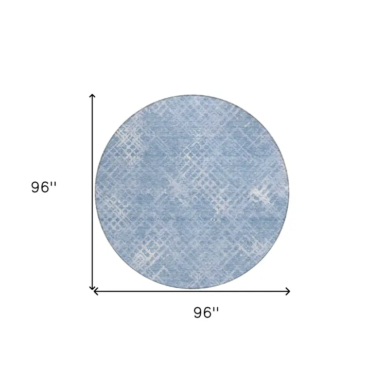 8' Sky Blue And Denim Blue Round Geometric Washable Indoor Outdoor Area Rug