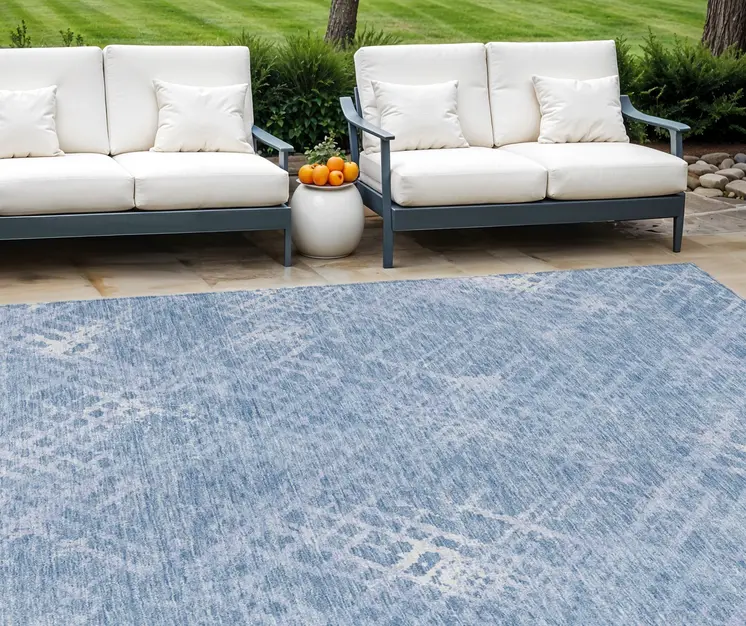 8' X 10' Sky Blue And Denim Blue Geometric Washable Indoor Outdoor Area Rug
