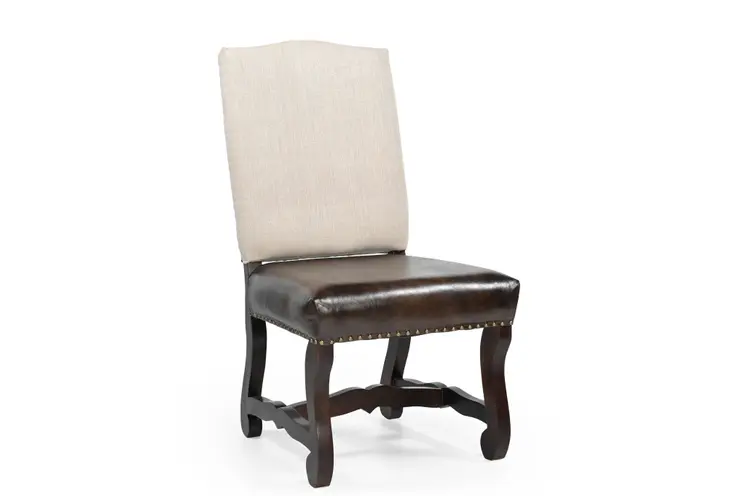 Set of Two Cream and Dark Brown Wood Leather And Linen Dining Side Chairs