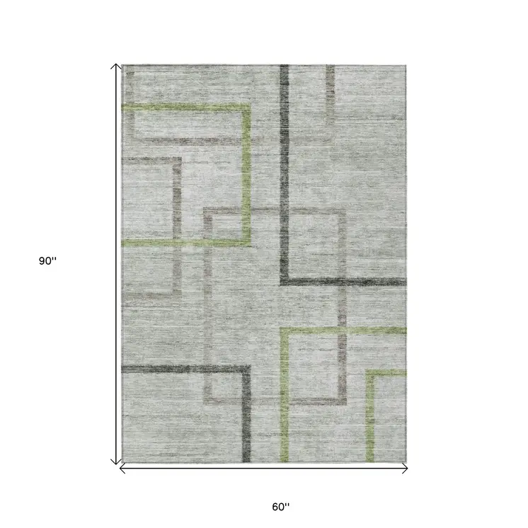 5' X 8' Green And Charcoal Geometric Washable Indoor Outdoor Area Rug