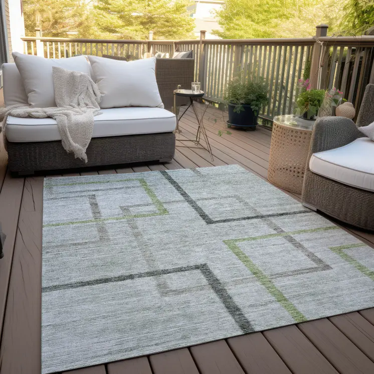 5' X 8' Green And Charcoal Geometric Washable Indoor Outdoor Area Rug