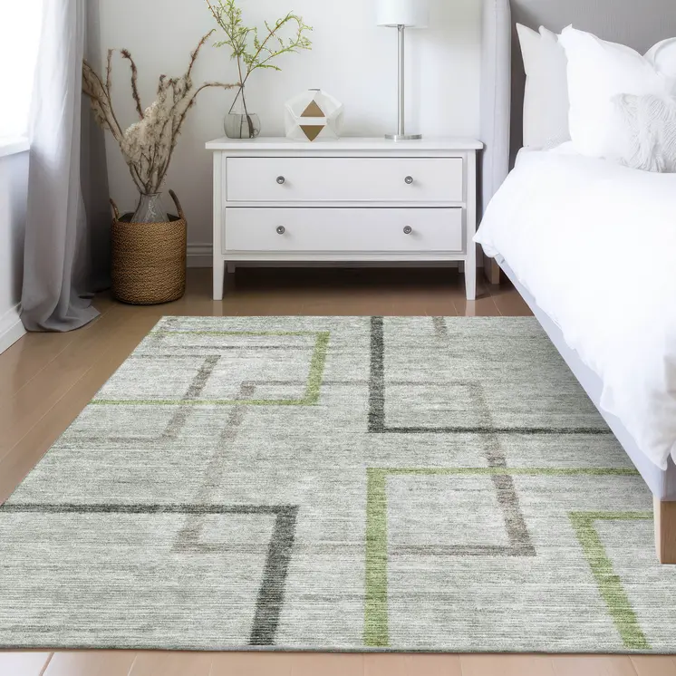 5' X 8' Green And Charcoal Geometric Washable Indoor Outdoor Area Rug