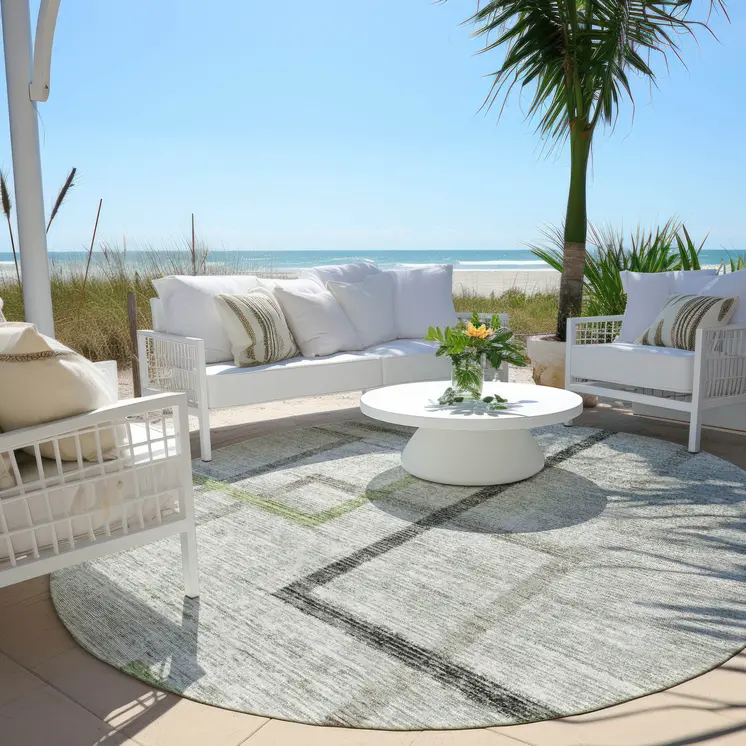 8' Green And Charcoal Round Geometric Washable Indoor Outdoor Area Rug