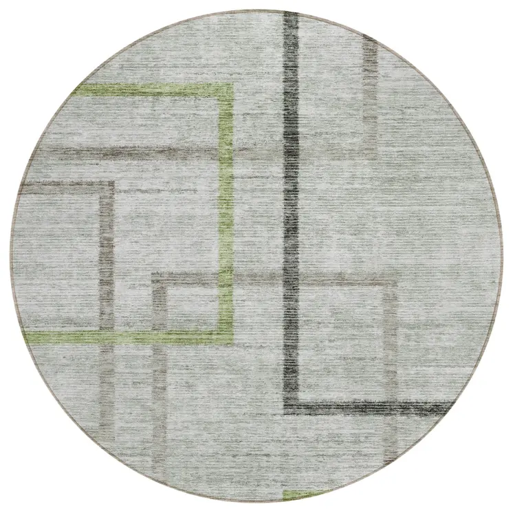8' Green And Charcoal Round Geometric Washable Indoor Outdoor Area Rug