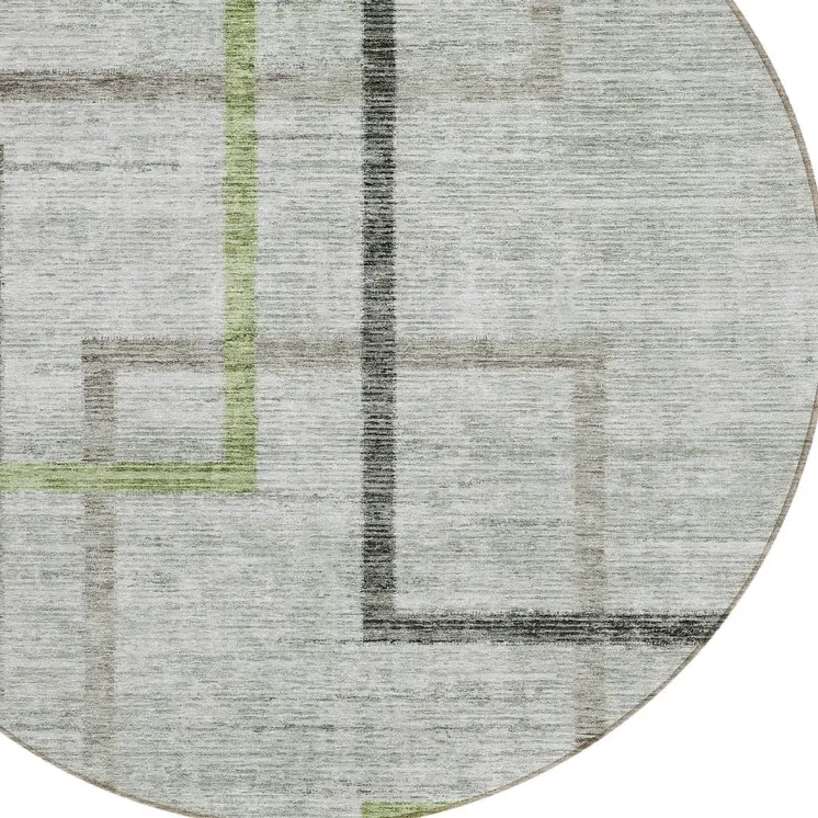 8' Green And Charcoal Round Geometric Washable Indoor Outdoor Area Rug
