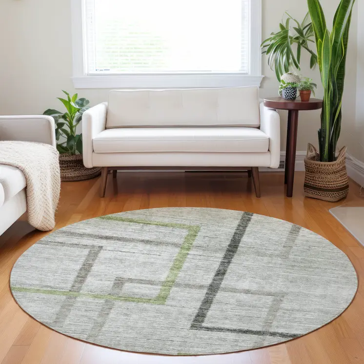 8' Green And Charcoal Round Geometric Washable Indoor Outdoor Area Rug