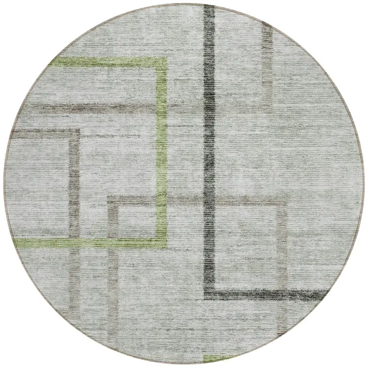 8' Green And Charcoal Round Geometric Washable Indoor Outdoor Area Rug
