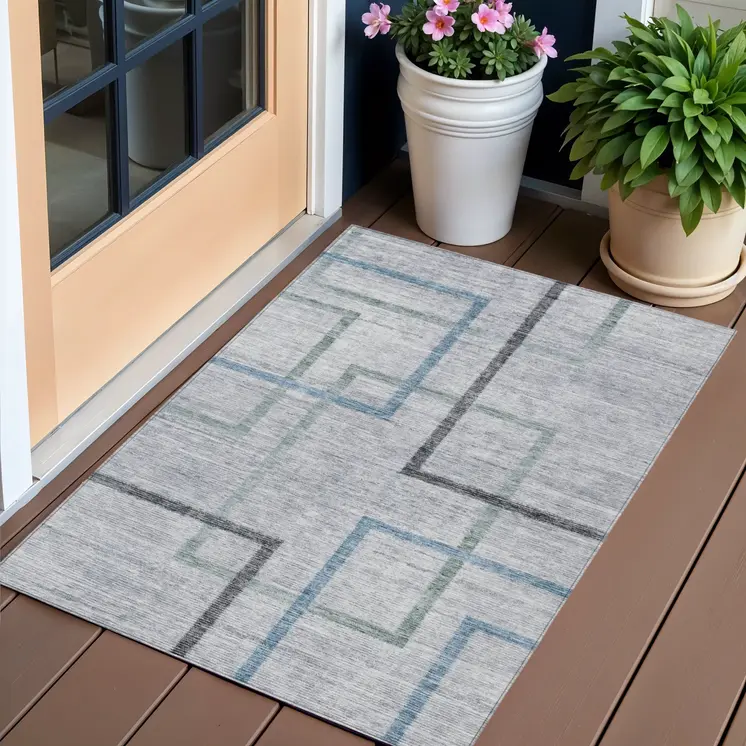3' X 5' Gray Charcoal And Blue Geometric Washable Indoor Outdoor Area Rug