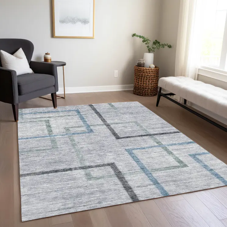 3' X 5' Gray Charcoal And Blue Geometric Washable Indoor Outdoor Area Rug
