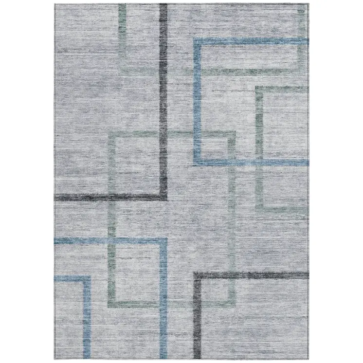 5' X 8' Gray Charcoal And Blue Geometric Washable Indoor Outdoor Area Rug