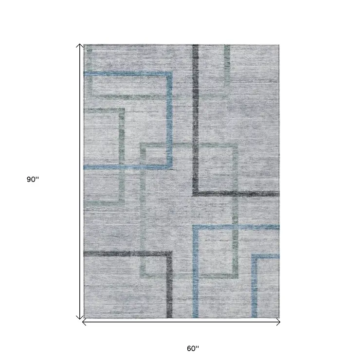 5' X 8' Gray Charcoal And Blue Geometric Washable Indoor Outdoor Area Rug