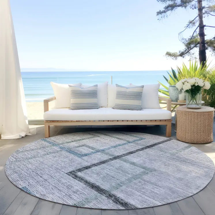8' Gray Charcoal And Blue Round Geometric Washable Indoor Outdoor Area Rug