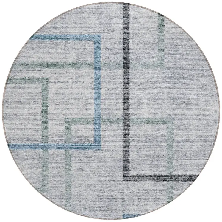 8' Gray Charcoal And Blue Round Geometric Washable Indoor Outdoor Area Rug