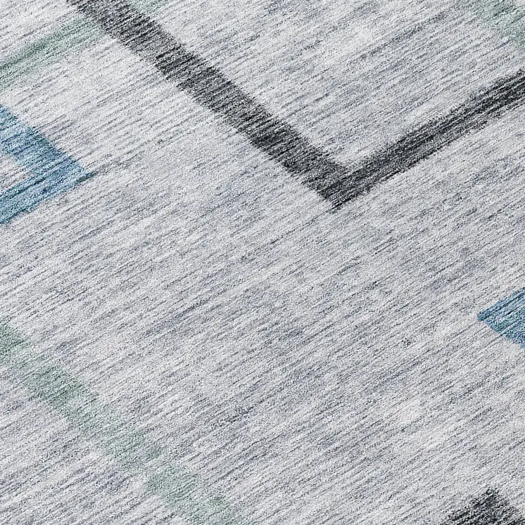 8' Gray Charcoal And Blue Round Geometric Washable Indoor Outdoor Area Rug