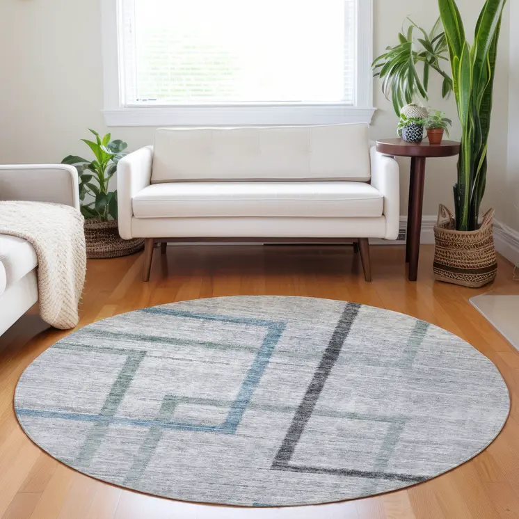 8' Gray Charcoal And Blue Round Geometric Washable Indoor Outdoor Area Rug