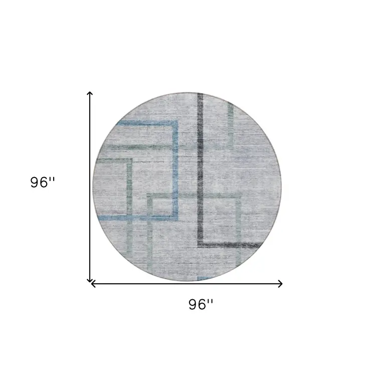 8' Gray Charcoal And Blue Round Geometric Washable Indoor Outdoor Area Rug