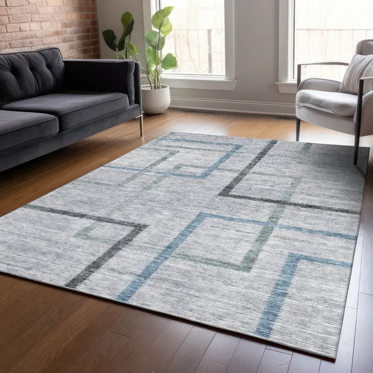 8' X 10' Gray Charcoal And Blue Geometric Washable Indoor Outdoor Area Rug