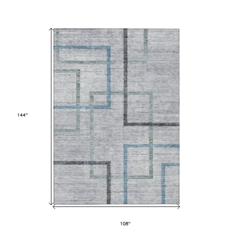 9' X 12' Gray Charcoal And Blue Geometric Washable Indoor Outdoor Area Rug