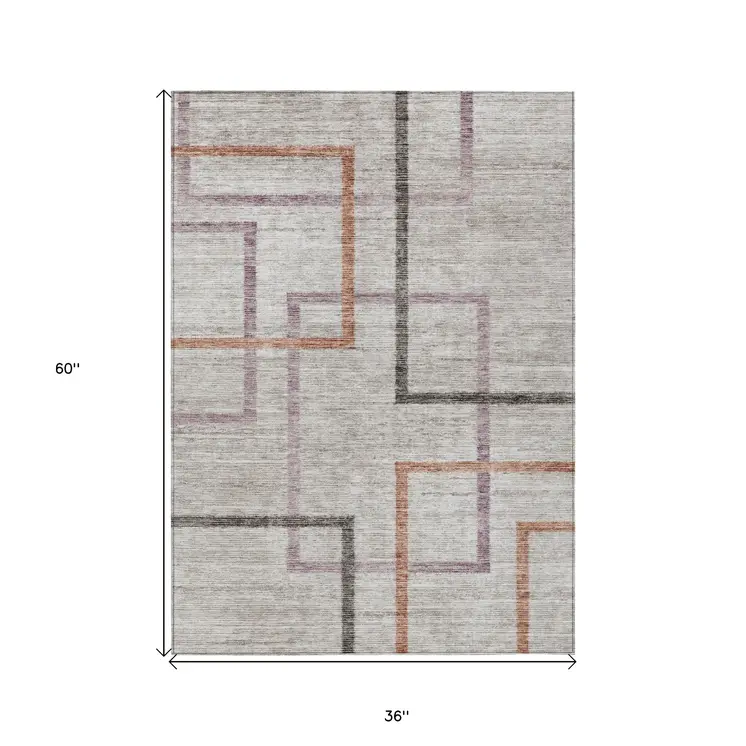 3' X 5' Taupe Charcoal And Copper Geometric Washable Indoor Outdoor Area Rug