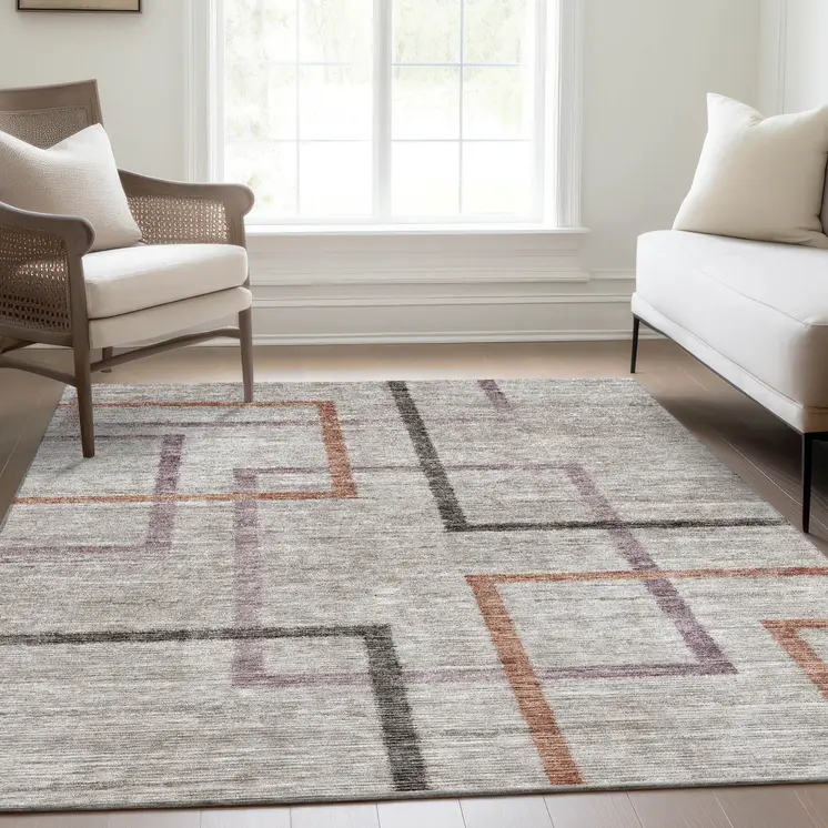 3' X 5' Taupe Charcoal And Copper Geometric Washable Indoor Outdoor Area Rug