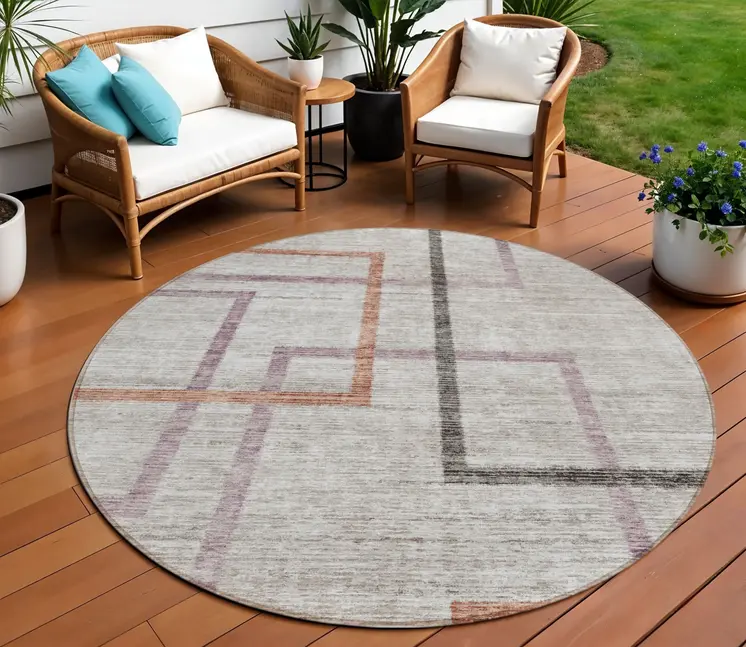 8' Taupe Charcoal And Copper Round Geometric Washable Indoor Outdoor Area Rug