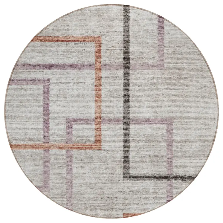 8' Taupe Charcoal And Copper Round Geometric Washable Indoor Outdoor Area Rug