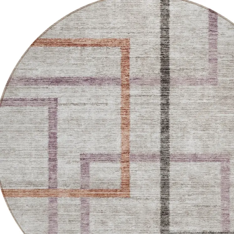 8' Taupe Charcoal And Copper Round Geometric Washable Indoor Outdoor Area Rug