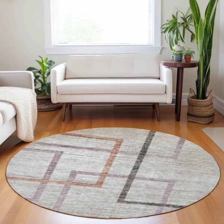 8' Taupe Charcoal And Copper Round Geometric Washable Indoor Outdoor Area Rug