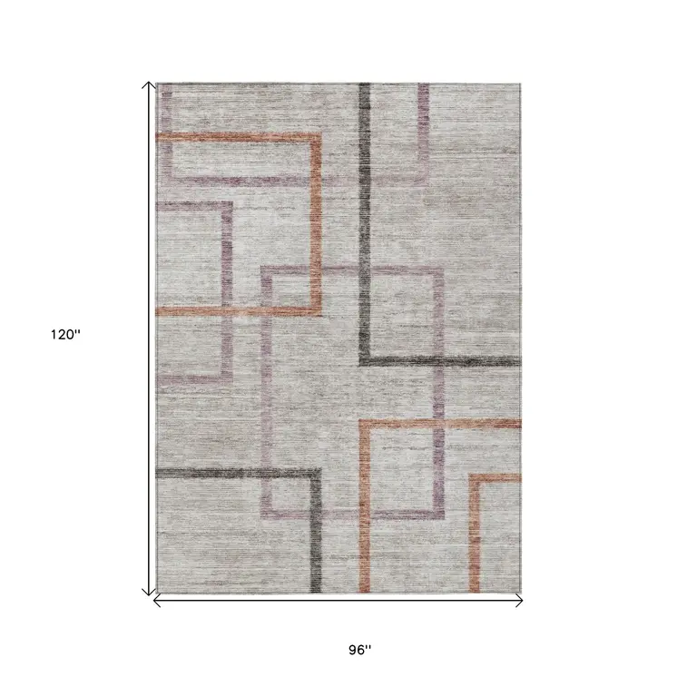 8' X 10' Taupe Charcoal And Copper Geometric Washable Indoor Outdoor Area Rug