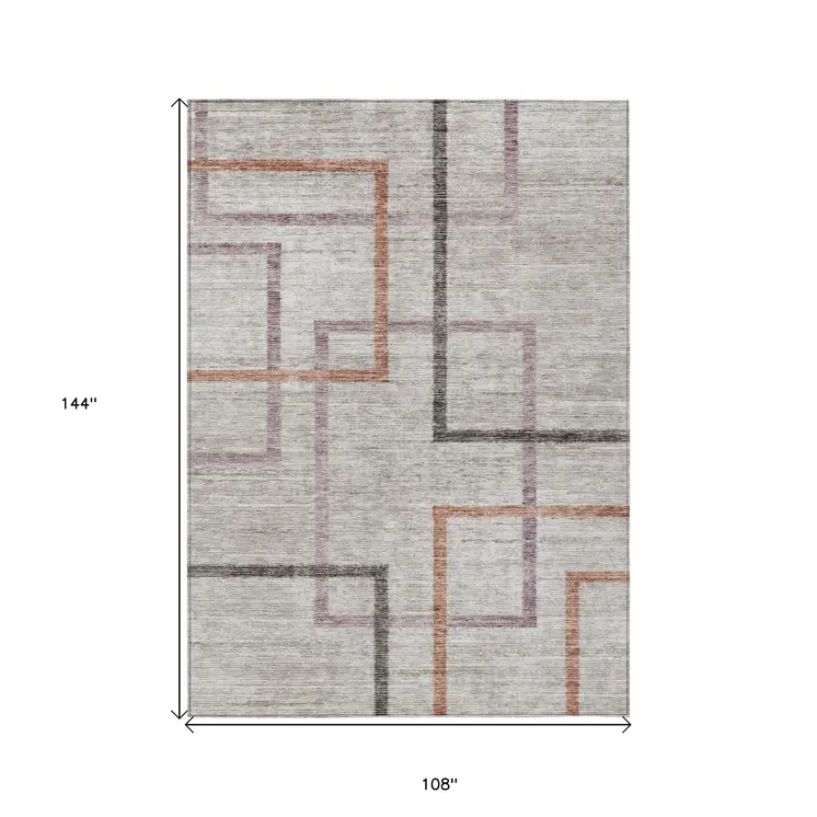 9' X 12' Taupe Charcoal And Copper Geometric Washable Indoor Outdoor Area Rug