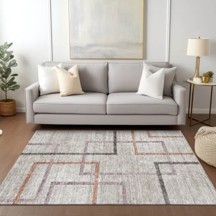 9' X 12' Taupe Charcoal And Copper Geometric Washable Indoor Outdoor Area Rug