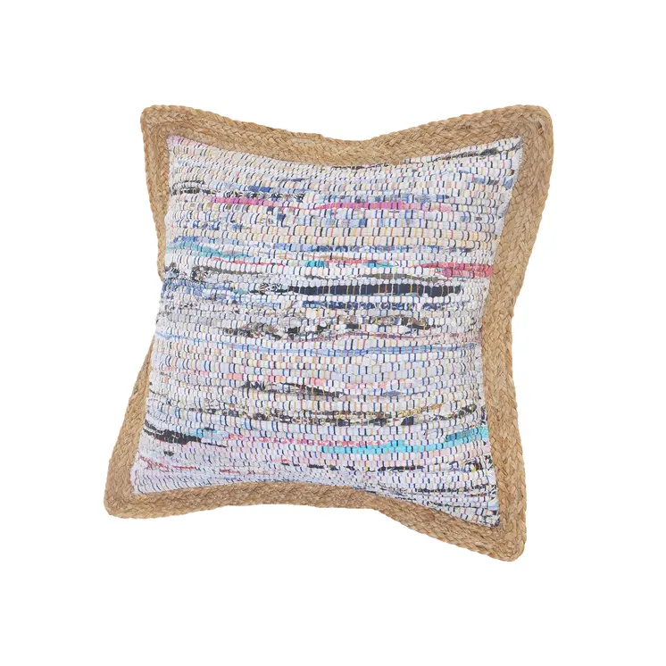Set of Two 20" Aqua Ivory And Natural Striped Cotton And Jute Throw Pillows with Texture