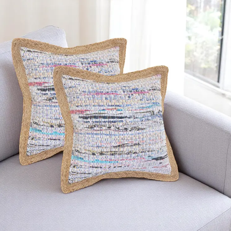 Set of Two 20" Aqua Ivory And Natural Striped Cotton And Jute Throw Pillows with Texture