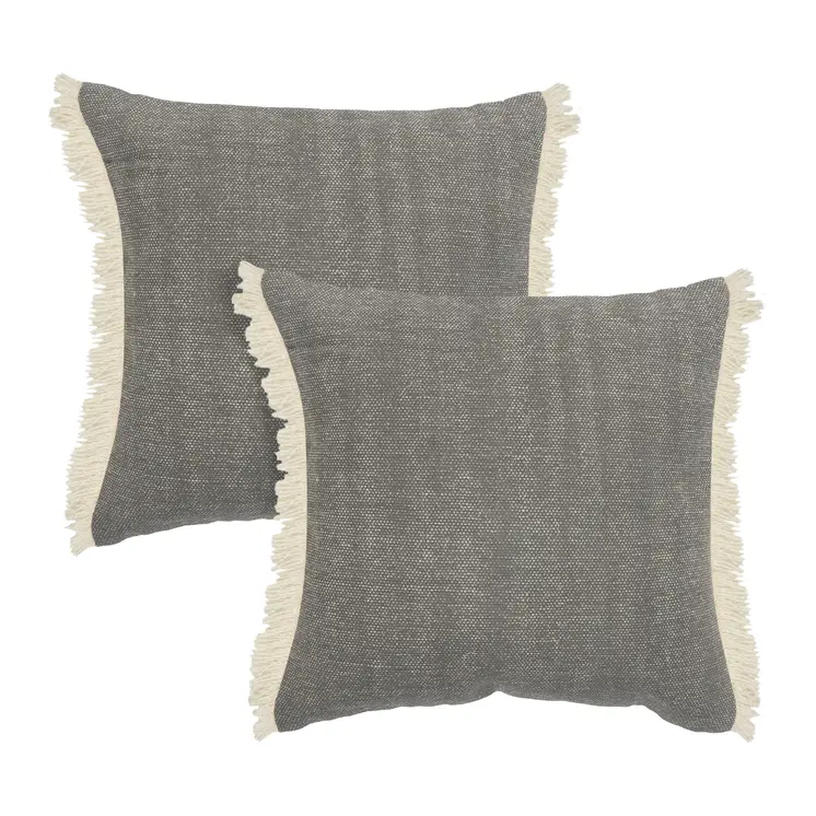 Set of Two 20" Gray And Off White Cotton Throw Pillows with Fringe