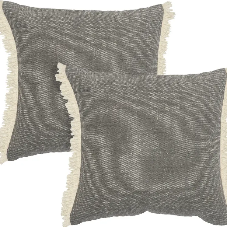 Set of Two 20" Gray And Off White Cotton Throw Pillows with Fringe