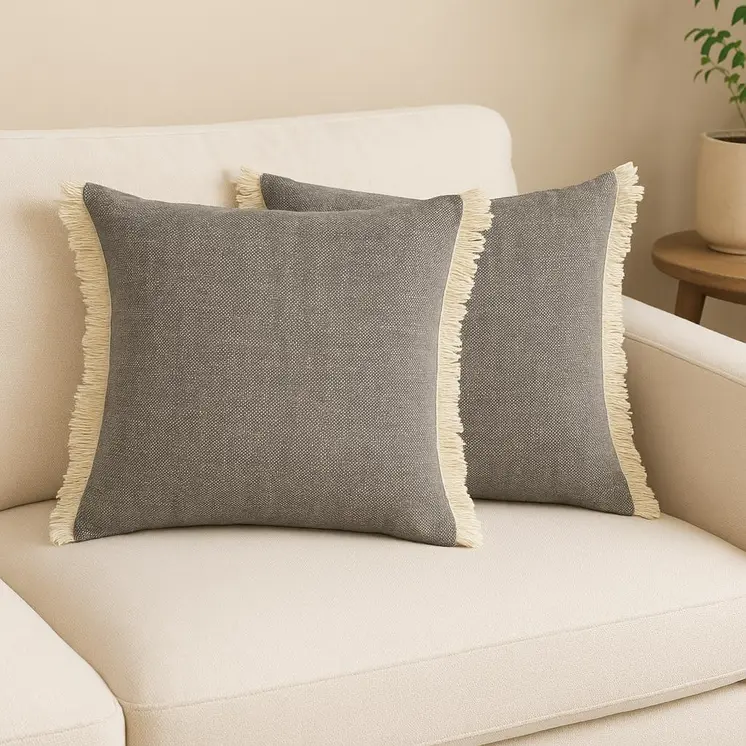 Set of Two 20" Gray And Off White Cotton Throw Pillows with Fringe