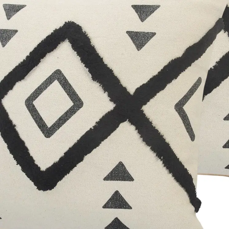 Set of Two 20" Natural And Black Geometric Cotton Throw Pillows with Texture