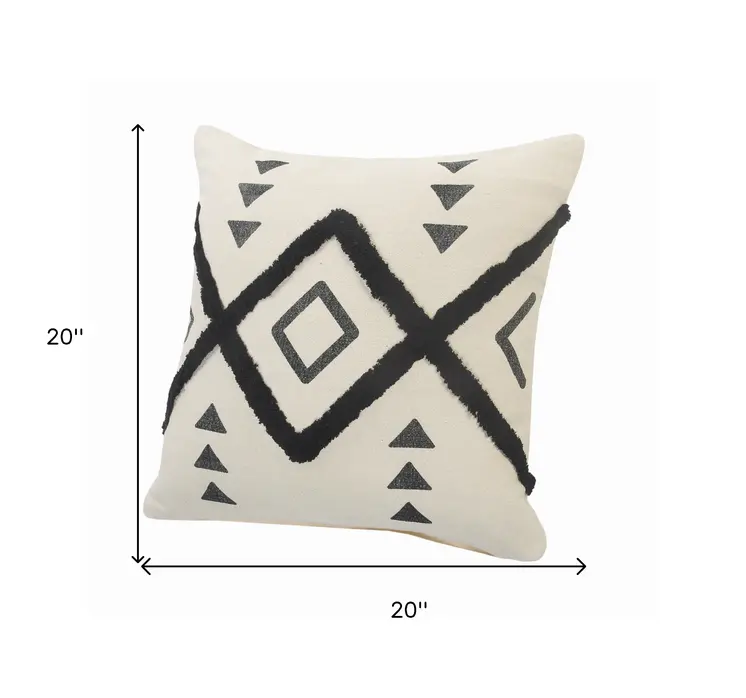 Set of Two 20" Natural And Black Geometric Cotton Throw Pillows with Texture