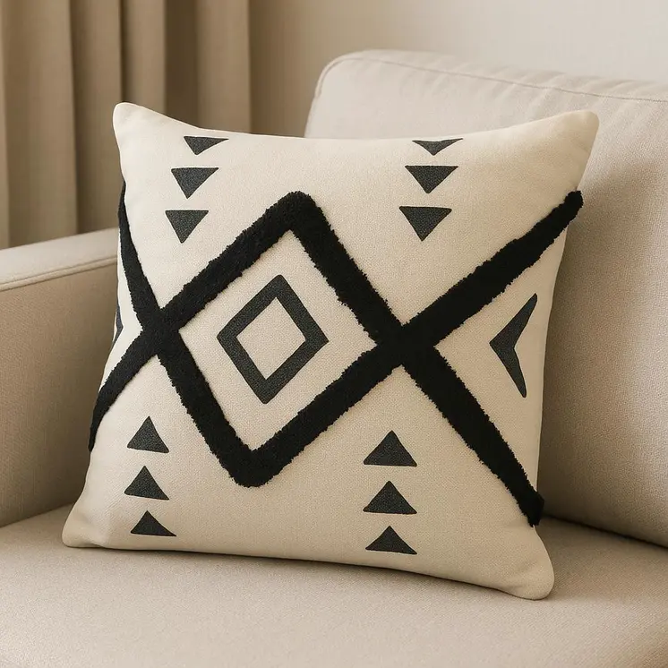 Set of Two 20" Natural And Black Geometric Cotton Throw Pillows with Texture