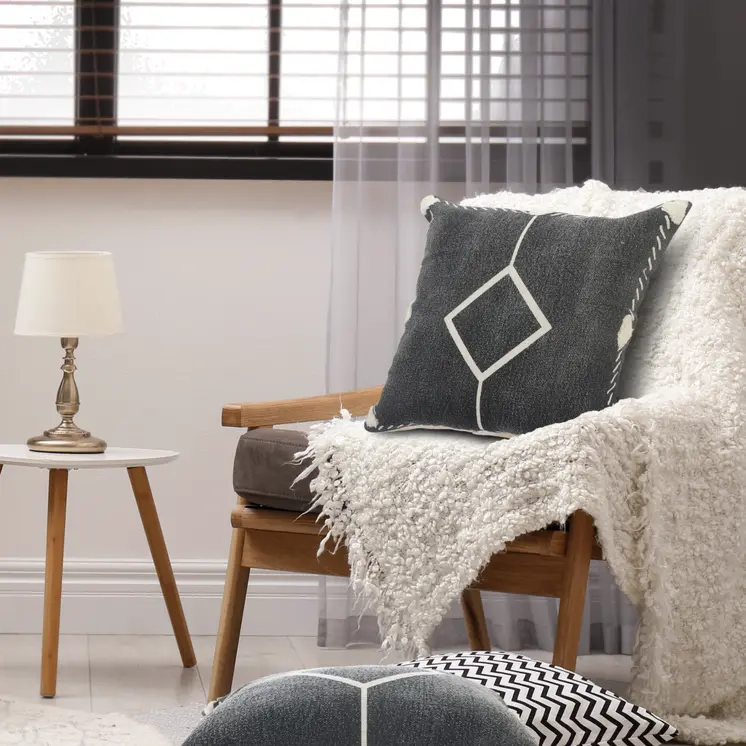 Set of Two 20" Black And Off White Diamond Cotton Throw Pillows