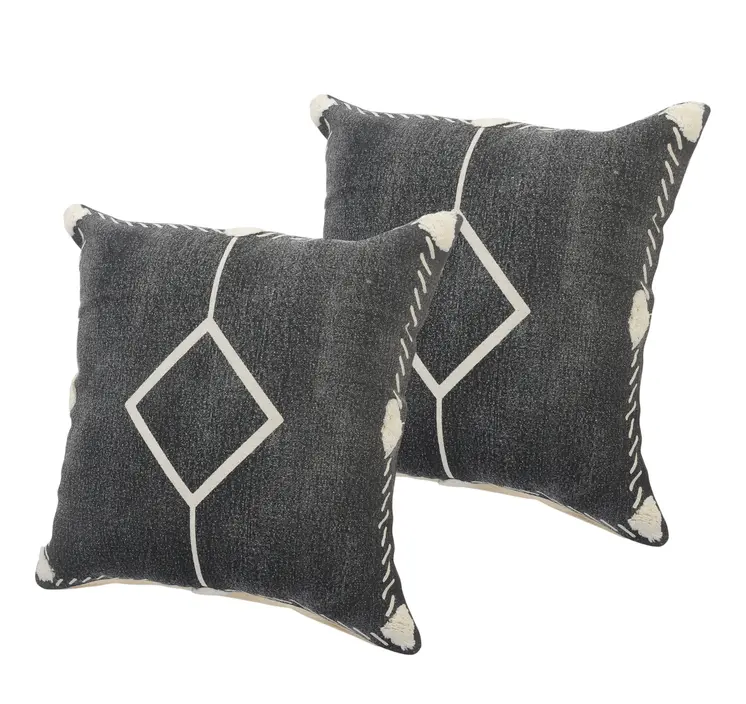 Set of Two 20" Black And Off White Diamond Cotton Throw Pillows