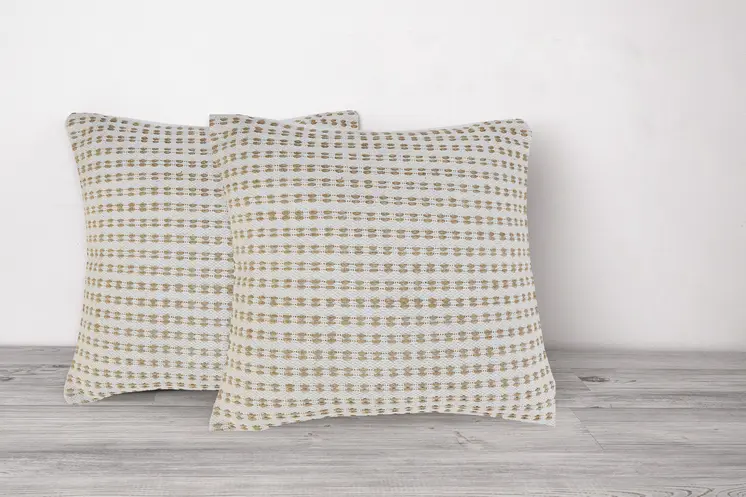 Set of Two 20" Ivory And Natural Striped Cotton And Jute Throw Pillows