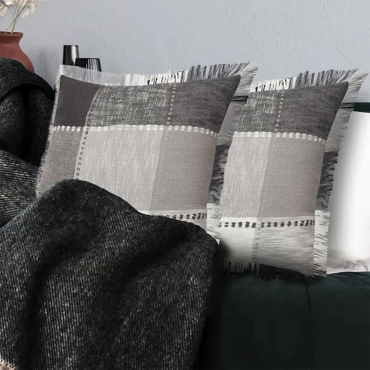 Set of Two 20" Gray And Off White Plaid Cotton Blend Throw Pillows with Fringe