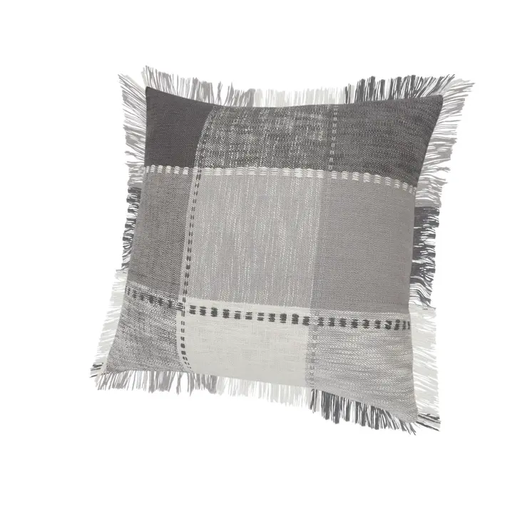 Set of Two 20" Gray And Off White Plaid Cotton Blend Throw Pillows with Fringe