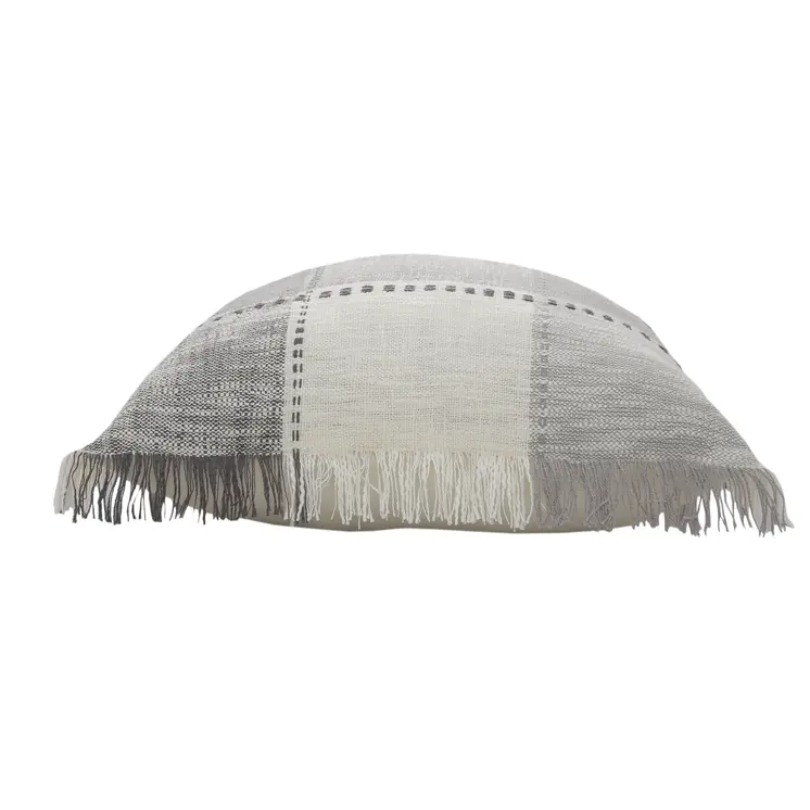 Set of Two 20" Gray And Off White Plaid Cotton Blend Throw Pillows with Fringe