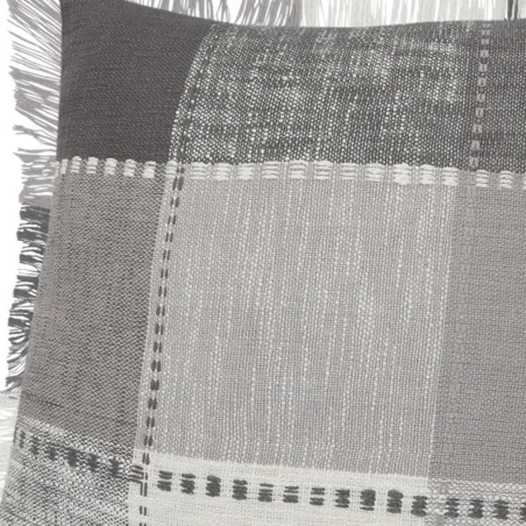 Set of Two 20" Gray And Off White Plaid Cotton Blend Throw Pillows with Fringe