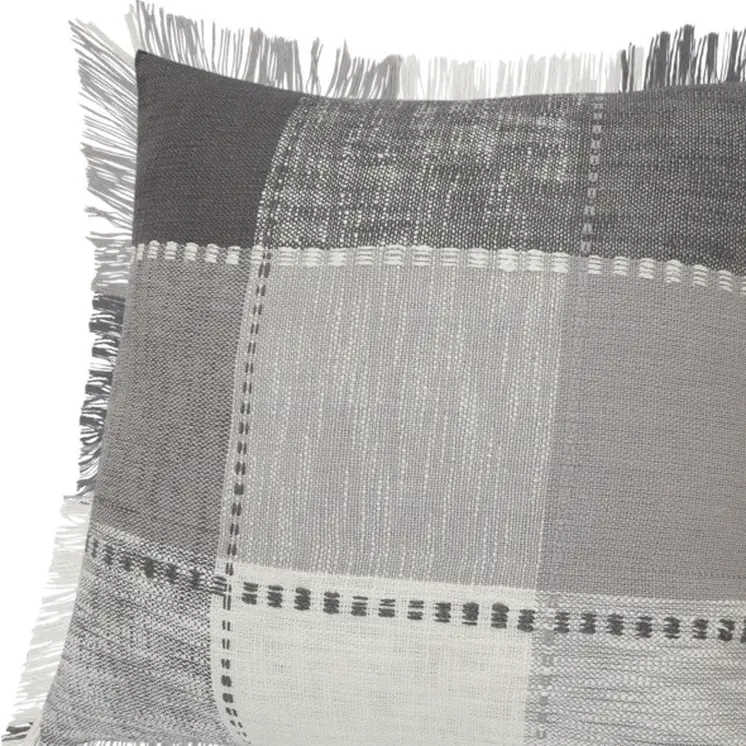 Set of Two 20" Gray And Off White Plaid Cotton Blend Throw Pillows with Fringe