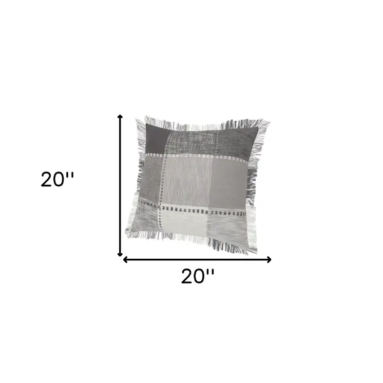 Set of Two 20" Gray And Off White Plaid Cotton Blend Throw Pillows with Fringe