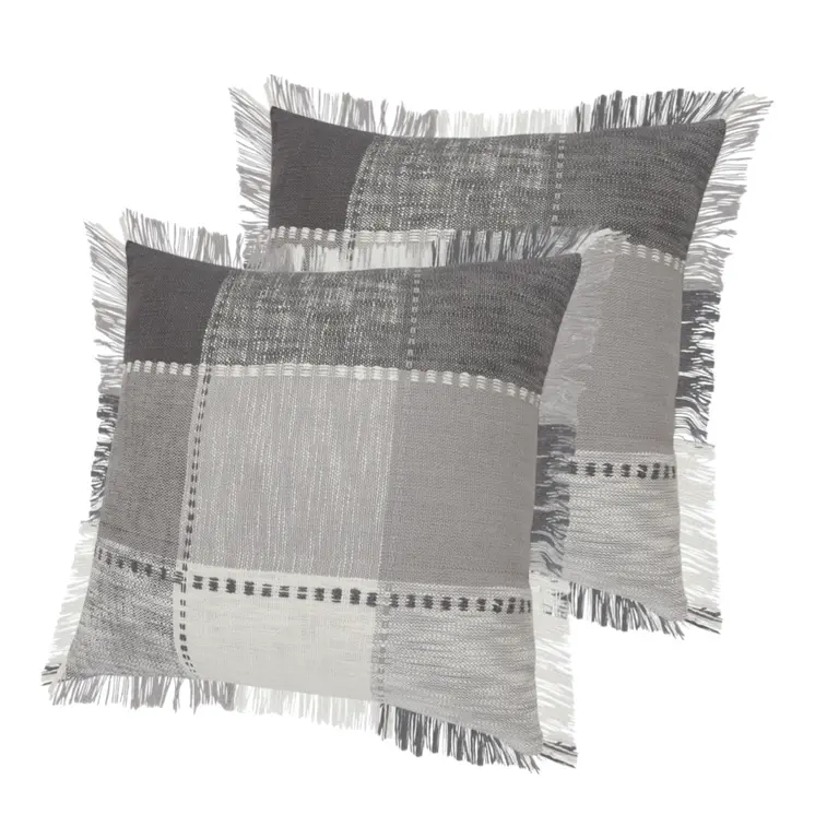 Set of Two 20" Gray And Off White Plaid Cotton Blend Throw Pillows with Fringe