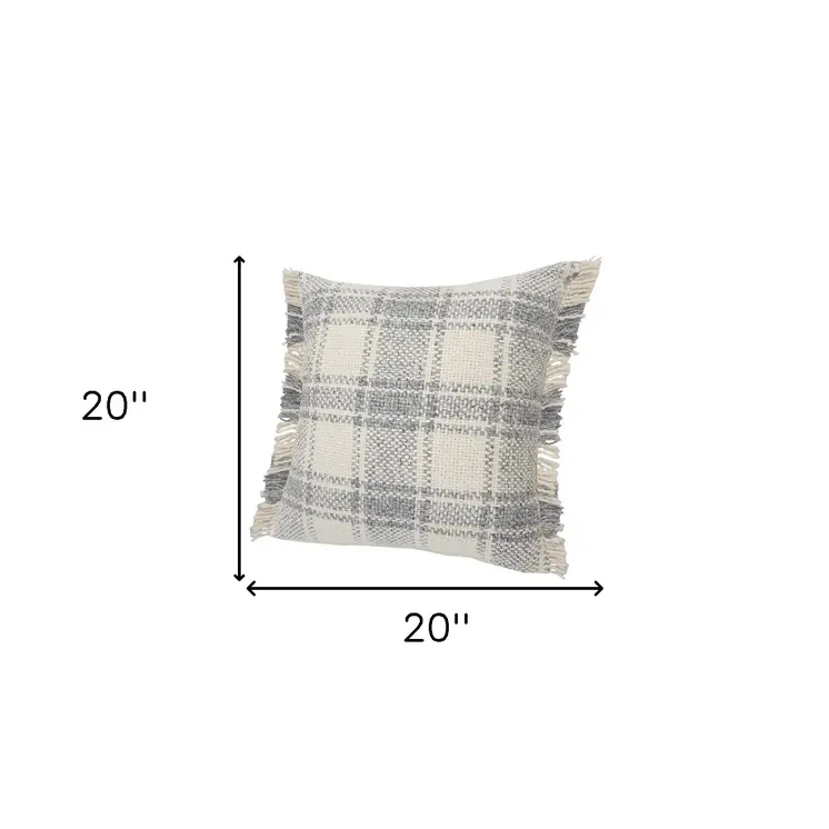 Set of Two 20" Off White And Gray Plaid Cotton Throw Pillows with Fringe